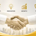 Alternative investment management firm partnership concept with handshake and growth icons