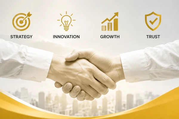 Alternative investment management firm partnership concept with handshake and growth icons
