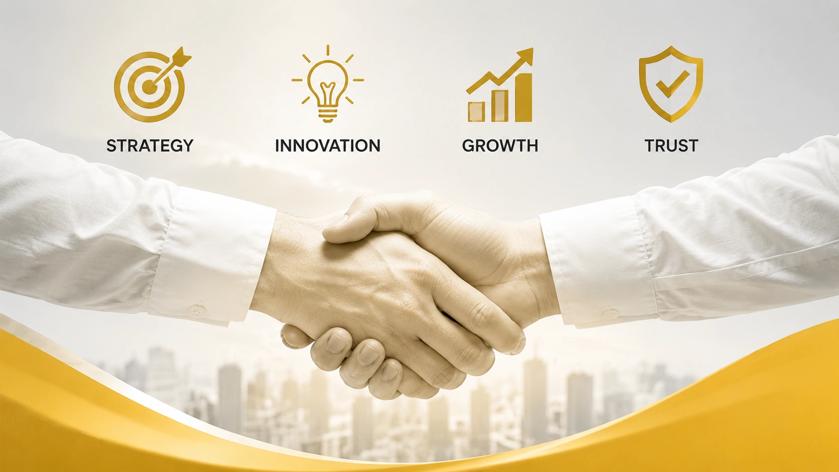 Alternative investment management firm partnership concept with handshake and growth icons