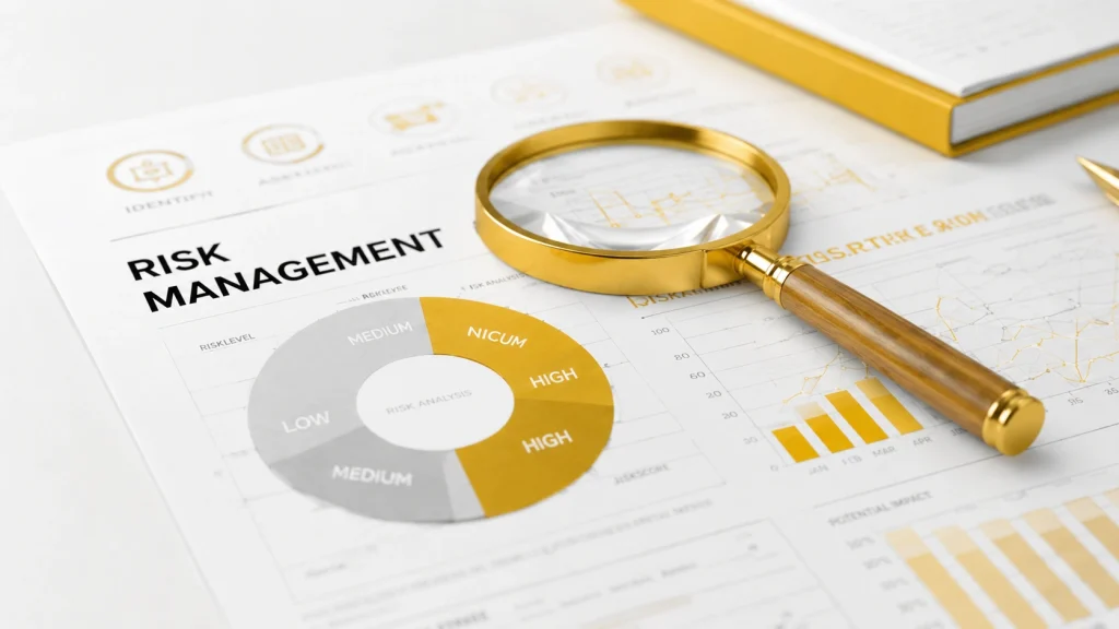 Alternative investment management firm risk analysis report with magnifying glass