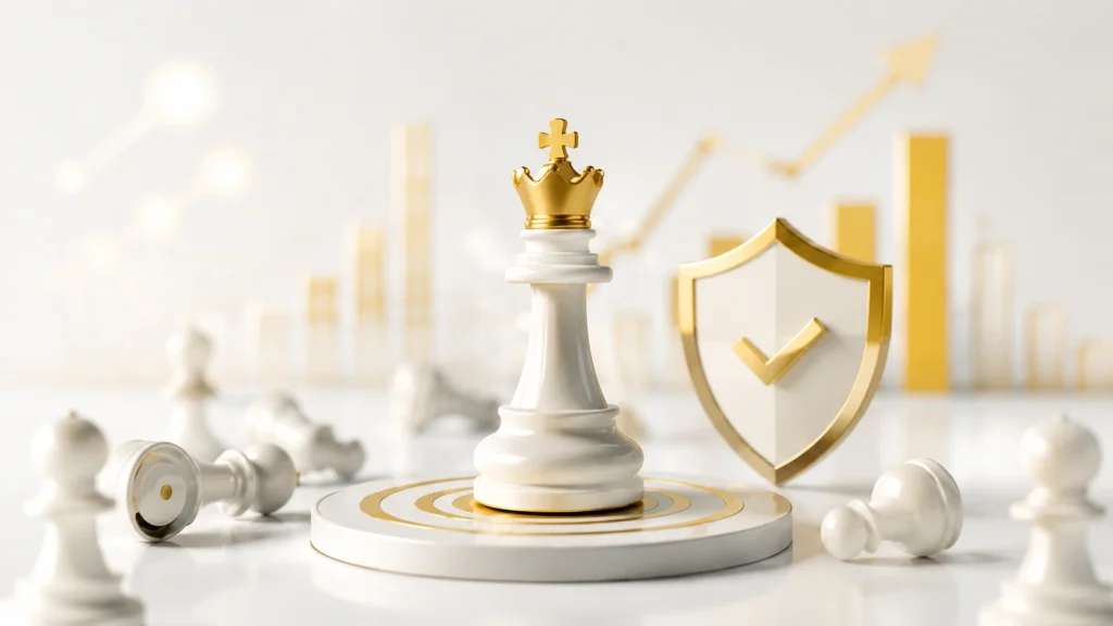 Alternative investment management firm strategy concept with chess king and shield