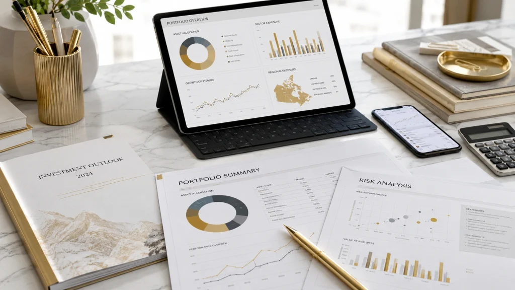 Modern investment advisory and management firm workspace with financial reports