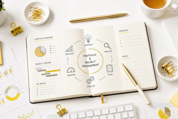 Portfolio and project management notebook and workflow charts