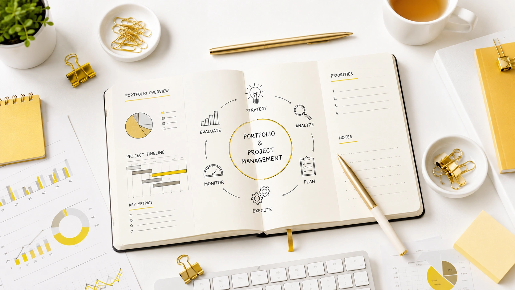 Portfolio and project management notebook and workflow charts