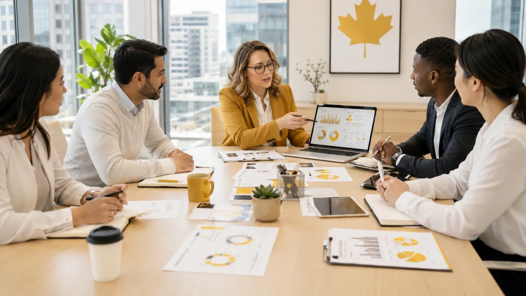 Portfolio and project management team meeting in Canada office
