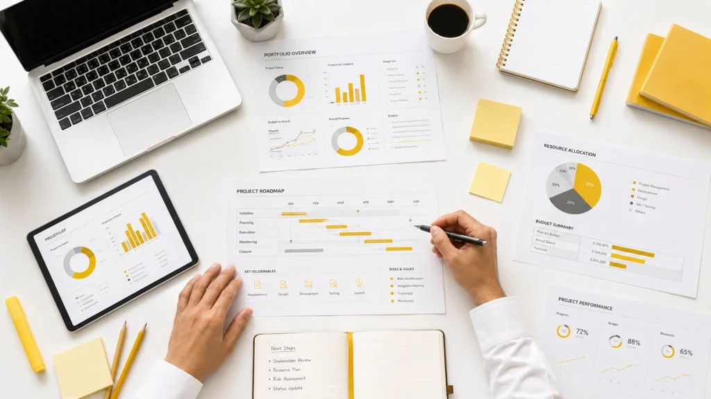 Portfolio and project management workspace with charts