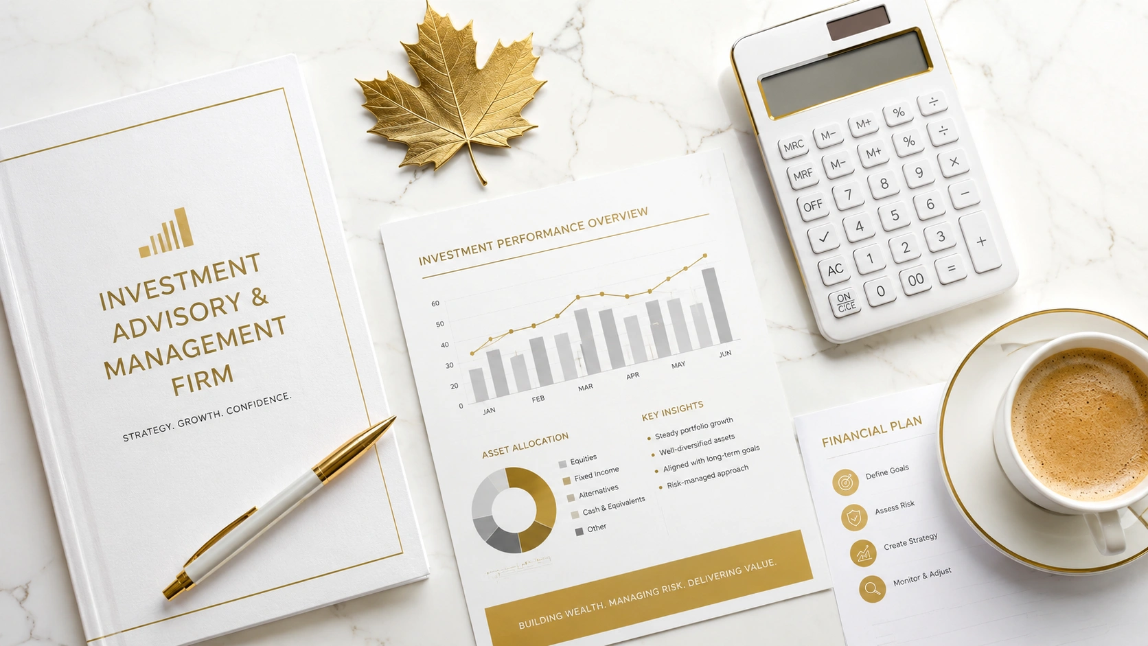 financial investment advisory and management firm workspace flat lay