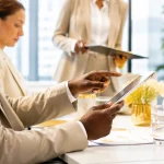 Corporate governance and compliance meeting with tablet review