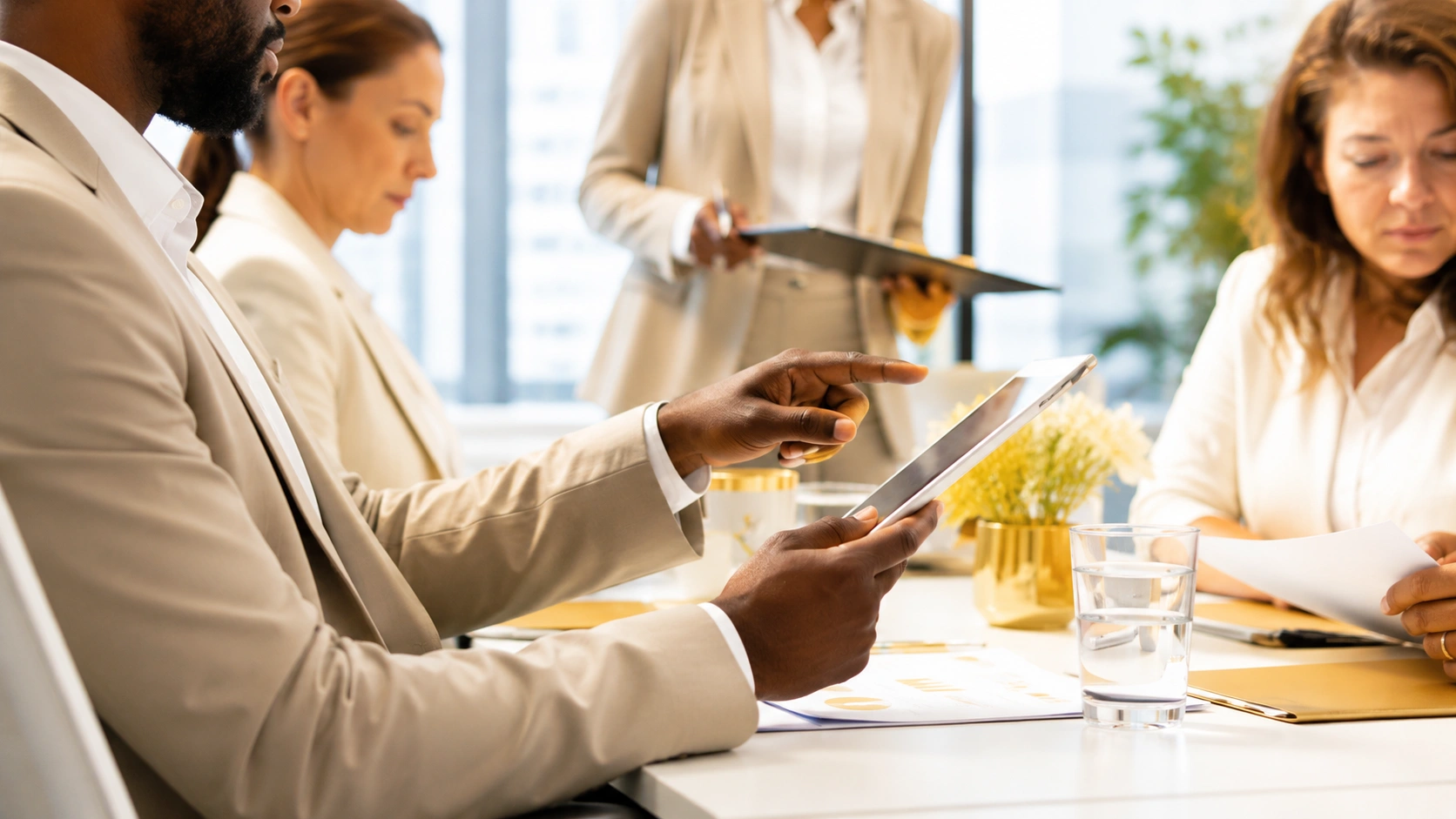 Corporate governance and compliance meeting with tablet review