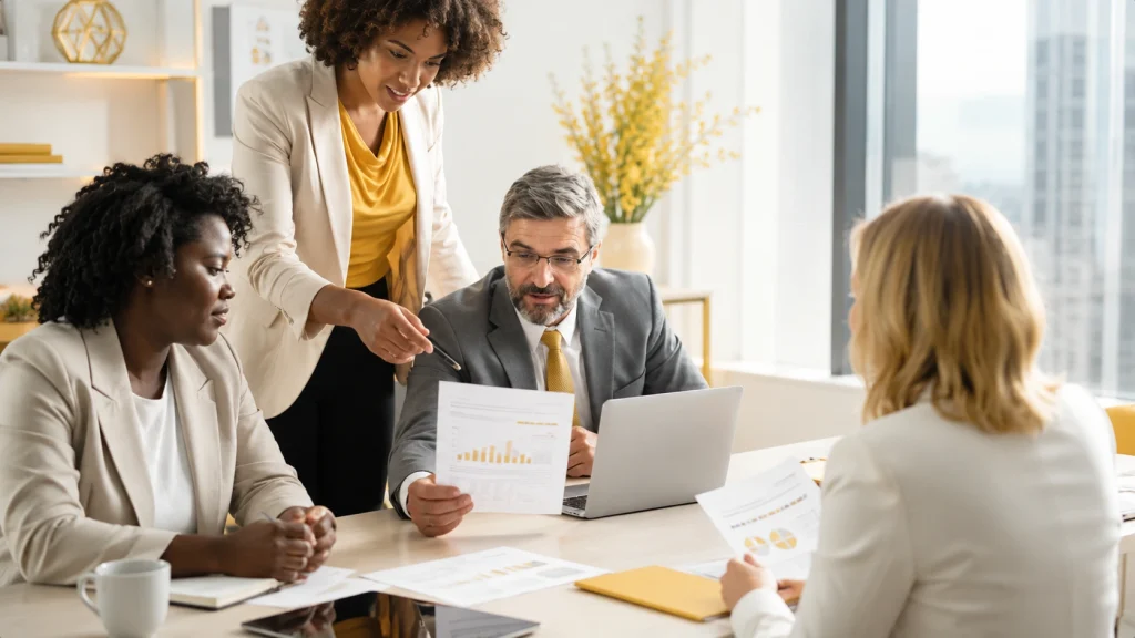 Corporate governance and compliance team reviewing reports