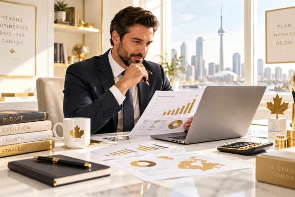 Business owner reviewing financial management for businesses in Canada