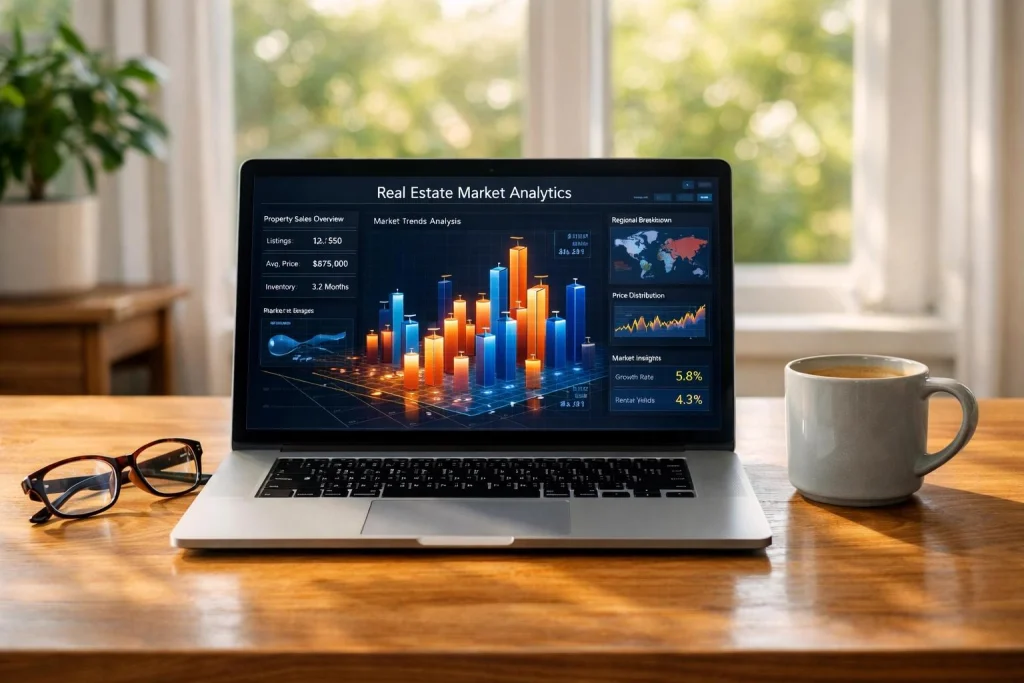 Real Estate Strategy to Increase Sales in Canada: A Guide for Property Investors 2 Laptop displaying property market trends and data to support a real estate strategy to increase sales in Canada