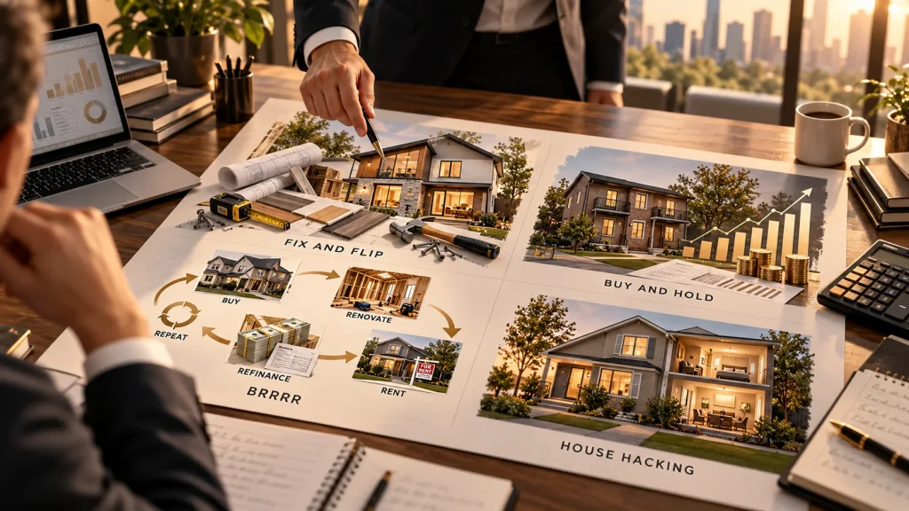Real Estate Strategy to Increase Sales in Canada: A Guide for Property Investors 4 Real estate investors reviewing fix and flip, buy and hold, BRRRR, and house hacking options as part of a real estate strategy to increase sales in Canada