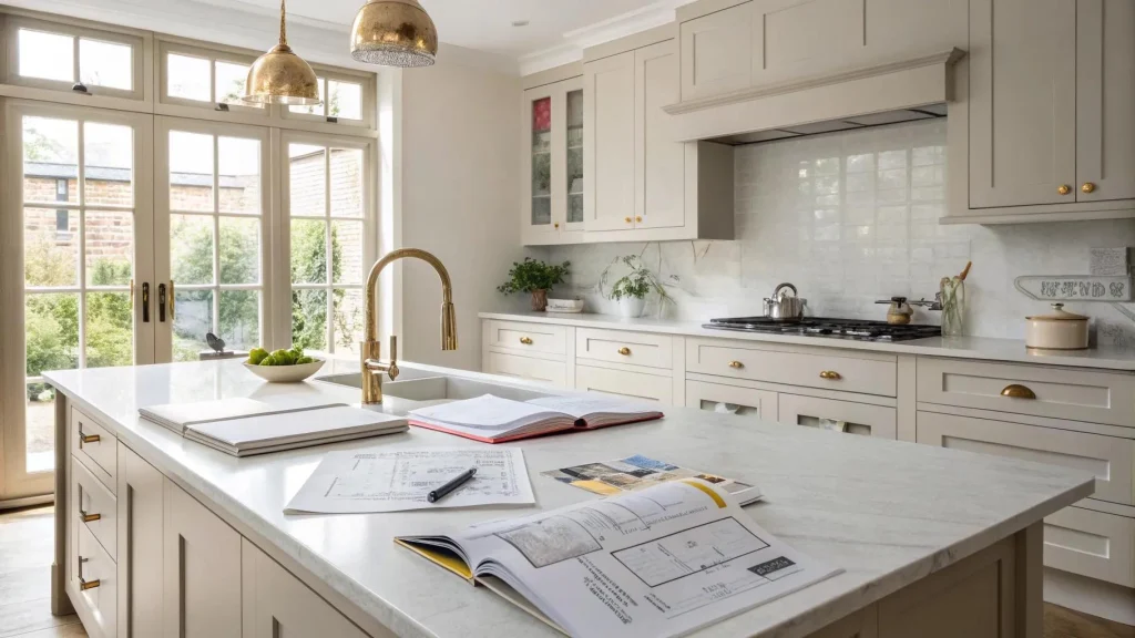 Real Estate Strategy to Increase Sales in Canada: A Guide for Property Investors 3 Renovated modern kitchen with construction plans and material samples showing a real estate strategy to increase sales through property improvements