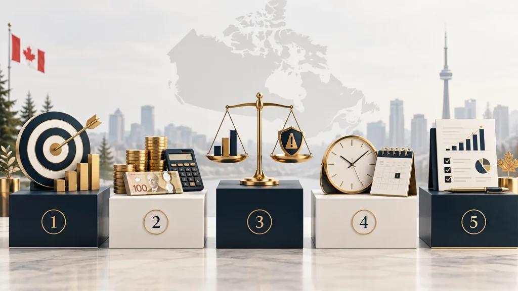 Business Investment Strategies: Reinvest, Preserve Cash, or Diversify? 3 Infographic showing five factors for evaluating business investment strategies in Canada: objectives, capital, risk, timing, and performance