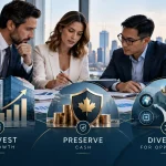 Canadian business professionals discussing business investment strategies, including reinvesting for growth, preserving cash, and diversifying capital