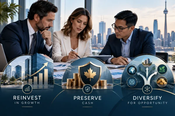 Canadian business professionals discussing business investment strategies, including reinvesting for growth, preserving cash, and diversifying capital