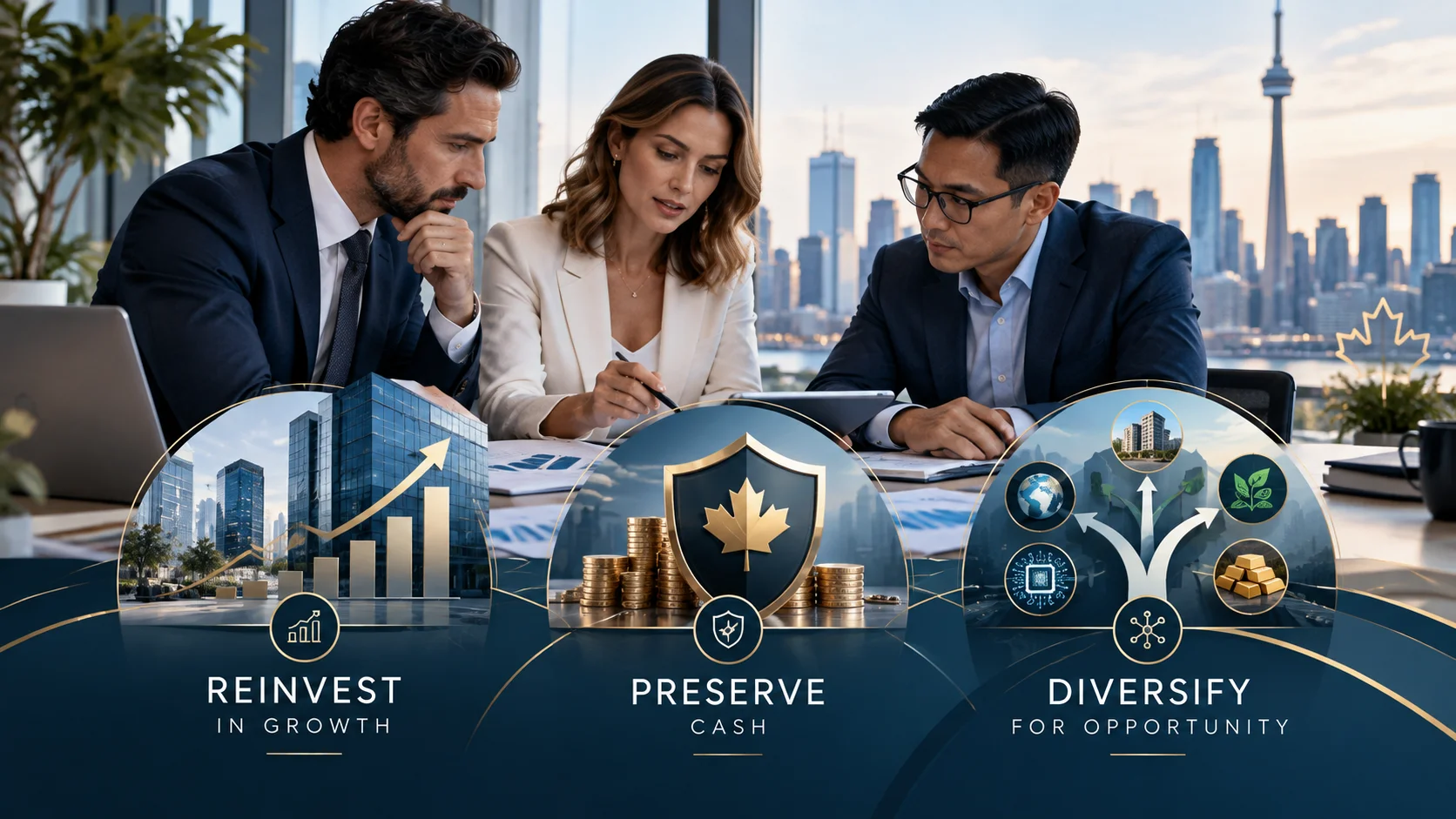 Canadian business professionals discussing business investment strategies, including reinvesting for growth, preserving cash, and diversifying capital