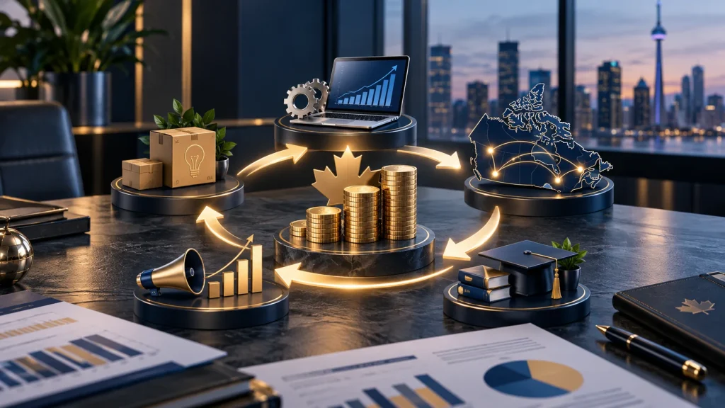 Business Investment Strategies: Reinvest, Preserve Cash, or Diversify? 2 Illustration of reinvesting business profits into growth areas such as technology, marketing, skills development, and market expansion in Canada